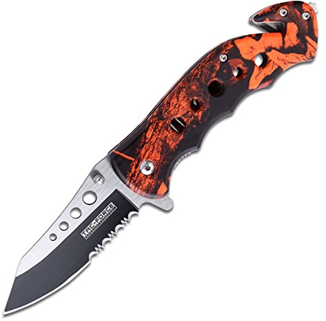 Tac-Force Pocket Folding Pocket Knife – Black/Satin Partially Serrated Blade with Red Camo Coated Aluminum Handle, Rope Cutter, Glass Punch, Pocket Clip, Tactical, EDC, Rescue - TF-498RC
