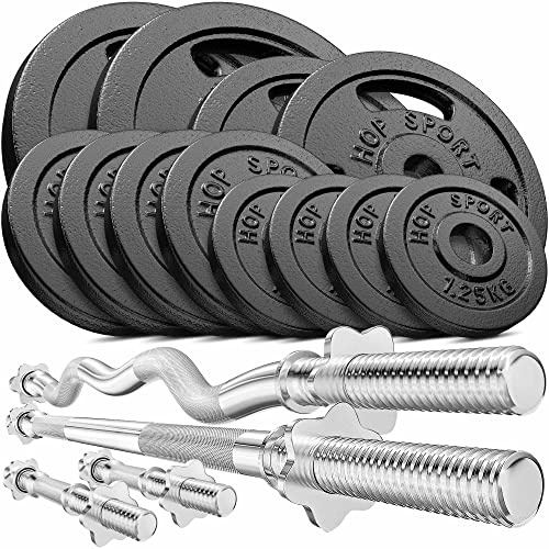 HS HOP-SPORT Hantelset 66 kg für Heimstudio-Krafttraining, Langhantelstange 167 cm, SZ-Curlstange, 2 Kurzhantelstangen, Gusseisen, Edelstahl, 30 mm Ø.