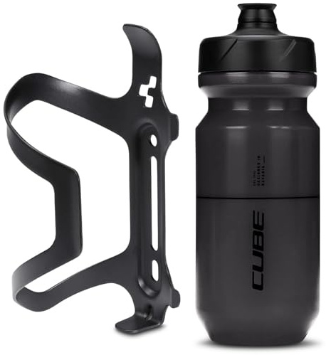 Cube HPA Anodised Side Loading Cage - Black & Flow Bottle - Black, 500ml / Alloy Lightweight Bicycle Cycling Cycle Bike MTB Mountain Road Water Drink Flask Bidon Bracket Mount Holder HPP Accessories