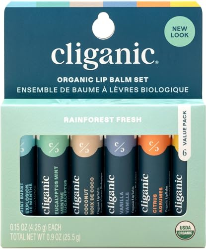 Cliganic USDA Organic Lip Balm Set - 6 Flavors - 100% Natural Moisturizer for Cracked & Dry Lips