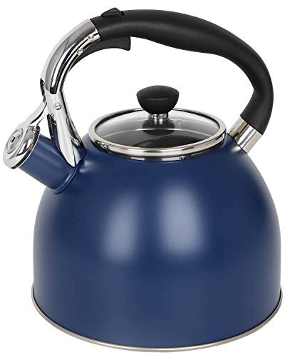 Rorence Stainless Steel Tea Kettle: 2.6 Quart Whistling Kettle with Capsule Bottom & Heat-resistant Glass Lid – Navy Blue