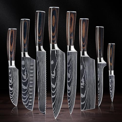 SENKEN - Set di 8 coltelli da cucina giapponesi di alta qualità con motivo damasco laser, collezione Imperial, coltello da chef, Santoku, pane, spelucchino e altro, ultra affilati per un taglio molto
