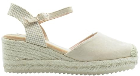 Benavente – Cuñas Mujer Esparto Abril Beige | Alpargatas Cuña Mujer Media 4 Cuerdas Con Hebilla Al Tobillo | Plantilla Memory Foam Y Gel | Punta Cerrada Y Talón Destalonado