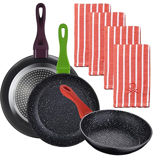 PACK DE 3 SARTENES DE 20/24/28CM EN ALUMINIO FORJADO + SET DE 4PC DE PAÑOS DE COCINA DE ALGODÓN COLOR ROJO