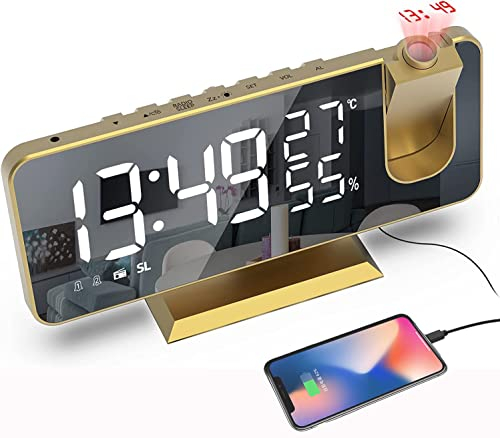 Yangers Projektion Wecker Funkuhr, 7.4'' Digital Clock Netzteil LED Spiegel FM Radio Wecker Mit USB Ladeanschluss, Temperatur und Luftfeuchtigkeit Messer für Nachttisch Schlafzimmer Home Beamte