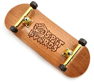 SPITBOARDS Set Completo di Fingerboard in Legno Pro da 34mm (Pre-Assemblato, 5 Strati), Pro Trucks, Ruote con Cuscinetti CNC, Nastro Grip in Schiuma, (Tavola: Legno Marrone Chiaro, Trucks: Oro, Ruote