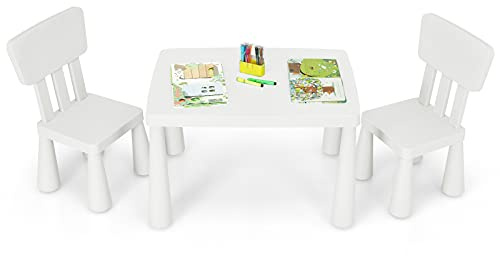 COSTWAY Set Tavolo e Sedie per Bambini 3+ Anni, 2 Sedie Ergonomiche con Schienale, Materiale PP Atossico e Inodore, Angoli Arrotondati, Adatto per Giocare, Disegnare e Leggere, Portata 50kg (Bianco)