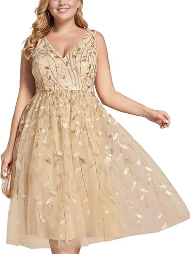 Ever-Pretty Robe pour Invité Mariage Dos Nu Femme Paillettes Feuilles Double V-Col sans Manches A Line Taille Empire Robe de Bal Brillante Or 36