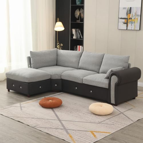 Panana Faux Leather and Fabric L Shape Corner Sofa Chaise - 4-5 Seater with Built-in USB Charging Port (Light Grey B, 4 Seater Corner with Built-in USB Port Chaise)