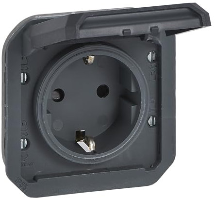 LEGRAND, Plexo New Einsatz, Feuchtraum-Steckdose, Schuko-Standard, inkl. Klappdeckel, Berührungsschutz, Schraubklemmen, 16A, 250 Volt, IP44 - IK08 (IP55 bei geschlossenem Deckel), Anthrazit, 069839L