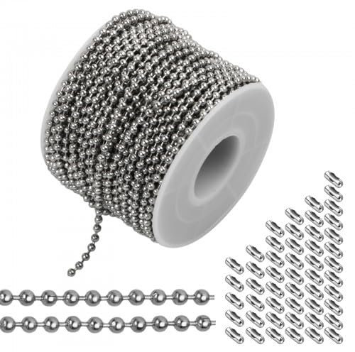 20 Meter Chaîne à Rouleaux Perlée, Chaîne de Boule Acier Inoxydable, Rouleau de Chaine 2,4mm à Billes, Chaîne de Boule à Maillons, Bricolage Rouleaux Perlée de Extension avec 50 Connecteur