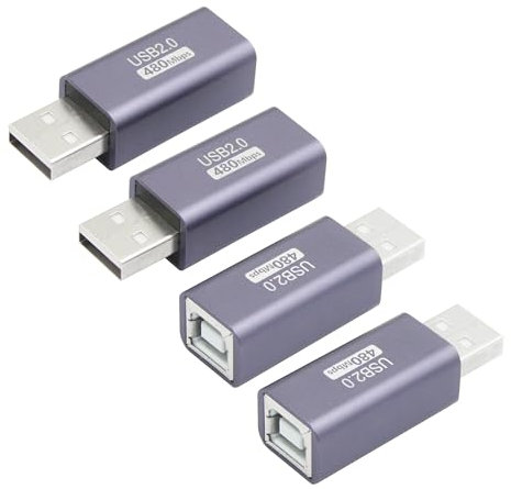 Riertostng 4Pcs USB 2.0 B Type Connector Adapter, USB A Male to USB B (MIDI) Female Power and Data Extension Adapter, Aluminum Alloy Housing, for Electronic Piano, Printer, Scanner etc.