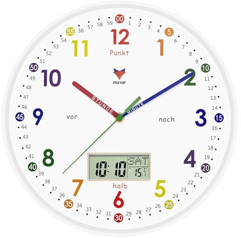 Foxtop Orologio educativo per bambini, orologio educativo senza ticchettio, display LCD, analogico, per imparare e praticare l'ora, decorazione per la cameretta dei bambini, 30 cm