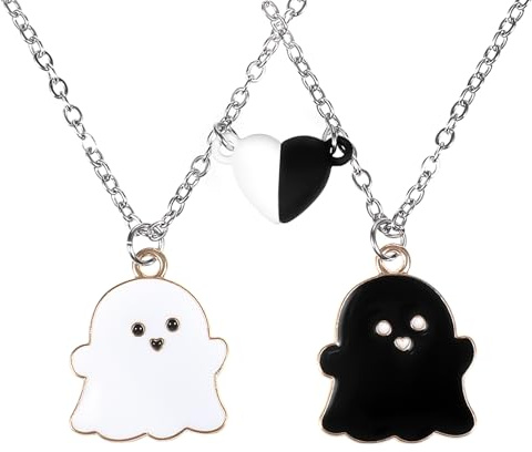 2Pcs Bff Necklace Choker for 2 Girls, Enamel Best Friend Necklace with Ghost Pendant, Mutual Attraction Heart Magnet Matching Necklaces Halloween Jewelry Party Birthday Gift for Girls (White, Black)