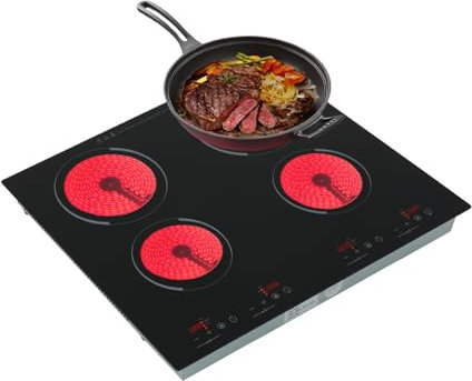 KiwiHood Placa vitrocerámica eléctrica de 4 zonas, 6000 W, 9 niveles de potencia, control táctil, tecnología infrarroja, placa de cocción integrada para una cocción eficiente, protección contra