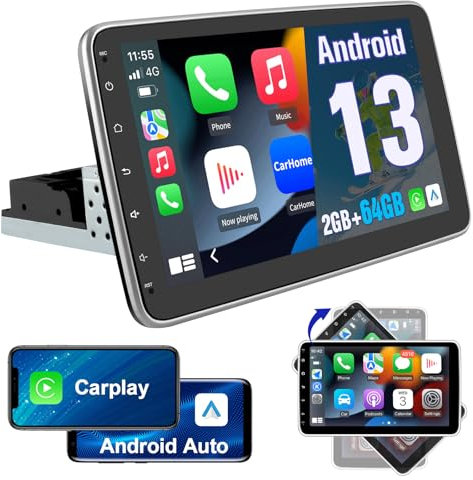 Hexinex 10.1 pollici Universale Autoradio 1 din Android 13 (2+64GB) Car Radio con CarPlay/Android Auto GPS Bluetooth WIFI FM RDS (Schermo ruotabile)