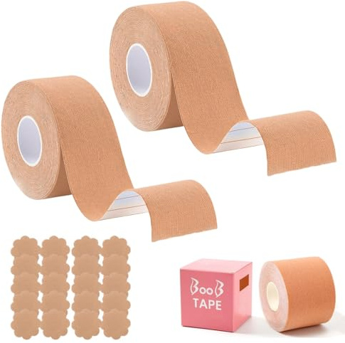 Tokaneit Boob Tape Push-Up, Cinta de Levantamiento de Senos, 2 Cinta Sujetador Levantamiento con 10 Par de Cubre Pezones de Silicona, Se Adapta a A-G, Cinta Invisible Boob Tape Elástica