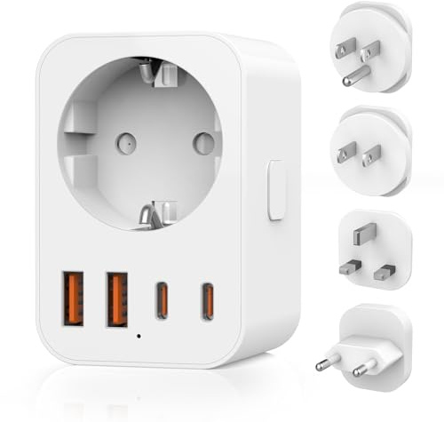 Adaptateur de Voyage Mondial, 4 Prises de Voyage Amovibles Travel Adapter, Adaptateur de Voyage vers USA/UK/Japan/Europe, Adaptateur Type A/B/G/C International avec 2 USB C/2 USB A//1 AC