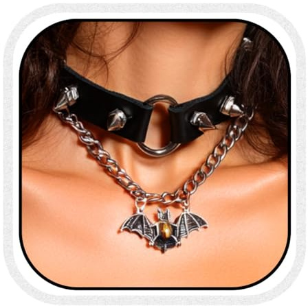 Zoestar Collier ras du cou punk en cuir noir gothique chauve-souris à pointes pour Halloween collier chaîne pour femme