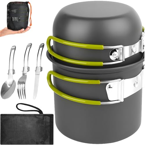 Set di Pentole da Campeggio con Posate Pieghevoli, Pentola Portatile in Alluminio per 1-2 Persone, Padella da Cucina Outdoor, Pentole Campeggio Leggera per Picnic, Zaino in Spalla, Escursionismo,Pesca