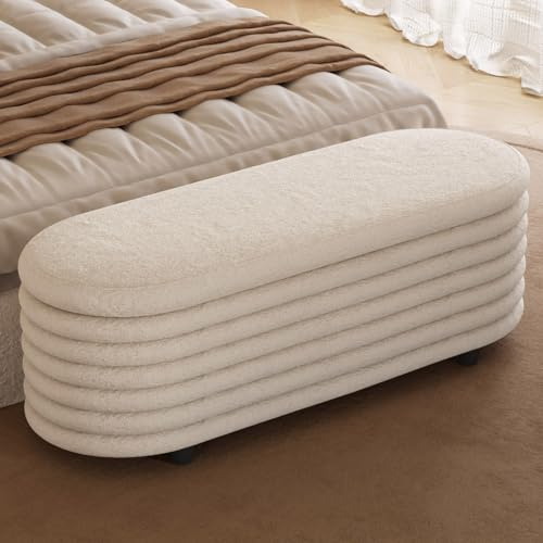 Miuuod Oval Storage Ottoman 116.5cm, Upholstered Bench with Sherpa Fabric, End of Bed Bench for Bedroom, Entryway & Living Room, Cream White, 150kg Capacity