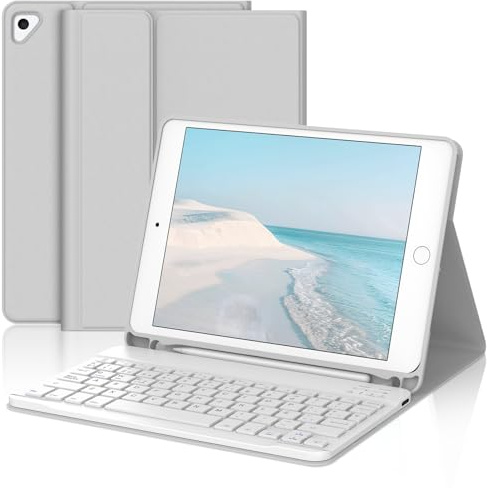 Funda con Teclado para iPad 6a Gen 2018/5a Gen 2017 9.7 Pulgadas, Teclado Bluetooth Desmontable con Caso Delgado y Portalápices para iPad Pro 9.7 2016/iPad Air 2 2014 y iPad Air 1 2013, Gris Claro
