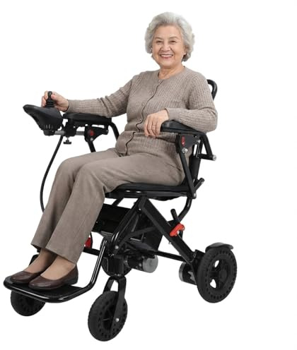 Foldable Electric Wheelchair with 500W Motor, 22kg, Lightweight, Airline-Friendly, Puncture-Proof Tires, Reversible Armrests, Large Footrest, 12-Mile Range, Hand Brake for Safety (Black)