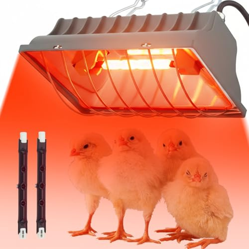 Eirolace Lampada a luce rossa per pulcini, lampada riscaldante pollaio, lampada termica animali (250 W) – Lampada termica automatica a infrarossi con interruttore di risparmio e 2 tubi di luce