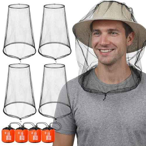 4 Pcs Mosquito Head Net, Breathable Bug Net, Ultra Large & Long Mosquito Hat with Drawcord, Fly and Insect Proof Equipment for Camping, Hiking, Fishing, Gardening and Wildlife Park (Black)