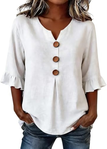 Camicia Donna Lino Estiva Oversize Elegant Manica 3/4 Camicetta da Donna in Lino Traspirante Blusa Maglietta Curvy Camicie Sciolto con Bottoni Shirt Top da Spiaggia Top Solida Colore Coreana