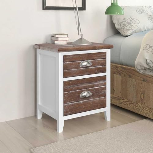 Generisch Lot de 2 tables de chevet avec 2 tiroirs en contreplaqué et bois de paulownia, marron et blanc, utilisable comme table de chevet, armoire d'appoint ou support de téléphone