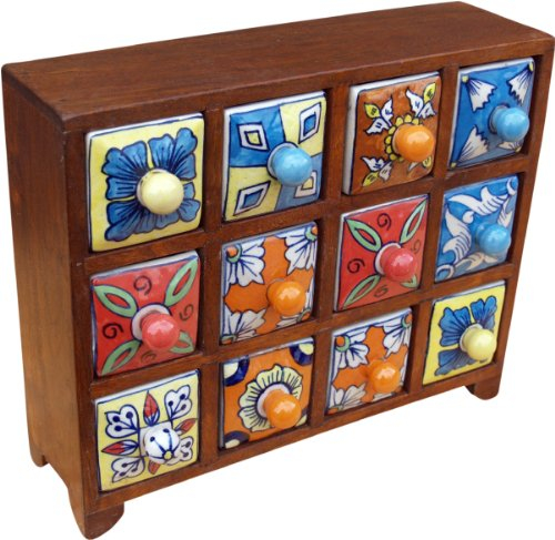 GURU SHOP Apothekerschränkchen mit Bunten Keramik Schubfächern, Gewürzkiste - 4x3 Fächer Modell 1, Braun, 24x30x10 cm, Dosen, Boxen & Schatullen