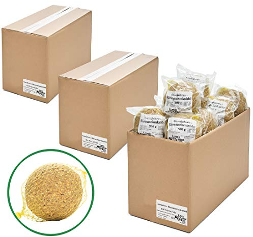Paul´s Mühle Ganzjahres Riesen-Meisenknödel, Ganzjahresfutter für Wildvögel, reduzierter Schalen- und Nussanteil, mit Netz, 48 Stück (3 x 16 x 500 g)