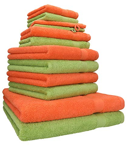Betz Premium Handtuch-Set 12-teilig – 100% Baumwolle – Oeko-TEX® Zertifiziert – hohe Grammatur – Duschtücher, Handtücher, Gästetücher & Waschhandschuhe - Farbe blutorange/avocadogrün
