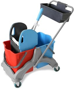 Hypafol Reinigungswagen mit EXTRA Korb | 2x25l Eimer mit Trennwand | Kunststoff Wischeimer mit Presse | für Gebäudereinigung, Hotelservice, Gastronomie, Großküche, Büroreinigung oder Arztpraxis