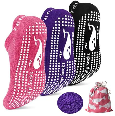 TENQUAN 3 Paia Calze Antiscivolo Yoga Uomo, Calzini Pilates Antiscivolo Donna, Calzettoni per il Running, Calzini Sportivi per Palestra, Fitness, Danza e Sport (Rosa Viola Nero, 39-42)
