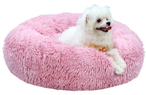 MDDK DY Hundebett Katzenbett Flauschig Rund, Katzenkorb 60CM Pink,Waschbar，Hundekorb,rutschfeste Unterseite, Hundematte, Plüsch Hundekissen,Hundekörbchen Kleine Mittlere Große Hunde,Katzen