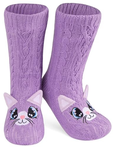 CityComfort Calze a Pantofola da Donna, Calzini Antiscivolo Donna in Caldo Pile, Calzettoni Invernali da Casa, Calze Natalizie Animali Divertenti Taglia Unica (Viola Gatto)