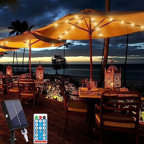 Patio Umbrella String Lights,KINGCOO Waterproof 104LED Solar Powered Umbrella Light Hanging Parasol Decor Pole Lights 8Modes Remote Control for Outdoor Patio Umbrellas Camping Tents (Warm White)