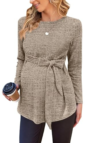 Ekouaer Women's Maternity Shirts Long Sleeve Pregnancy Tops Casual Ribbed Knit Winter Pregnant Blouses Khaki Medium