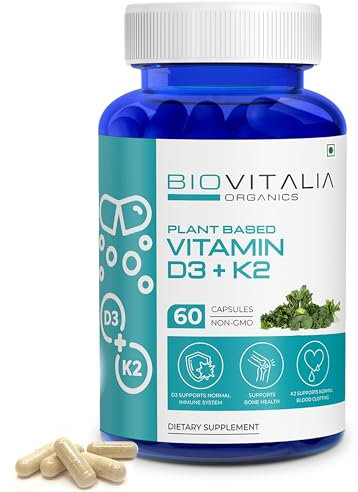 Biovitalia Organics Plant Based Vitamin D3 + K2 60 Capsules for Men & Women | Dietary Supplement | Supports Immune System & Bone Health | Promotes Calcium Absorption - 60 Vegan Capsules