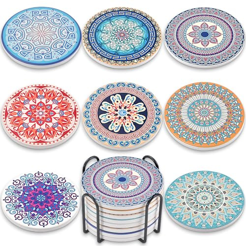 Newk Ceramic Absorbent Coasters - Set of 8 with Metal Holder, Light Colorful Mandala Patterns for Coffee Table, Great Housewarming Gifts