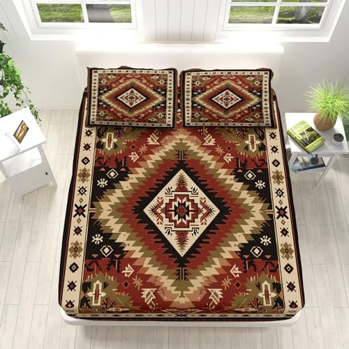 Retro-Marokkanischer Bohemian-Stil Design Spannbettlaken 140x200cm Weiche Mikrofaser Boxspringbett Bettlaken, Braun Unterseite Spannbetttuch, Rund-um Elastischem Gummizug, für Matratzen von 5-30 cm