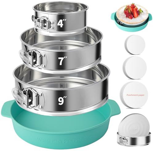 4, 7, 9 Inches Springform Pan Set of 3 - 304 Stainless Steel Nonstick Springform Cake Pan Set with Removable Bottom, 10 Inch Leakproof Silicone Cheesecake Pan Protector with 60 Pcs Parchment Paper