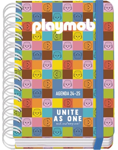 Dohe - Agenda Scolaire 2025 2026 - Page Par Jour, Taille A6 (12x17 cm), Espagnol et Anglais, Fermeture à Spirale Double et Élastique, Couverture Rigide, 4 Pages d'Autocollants - Playmobil Unite As One
