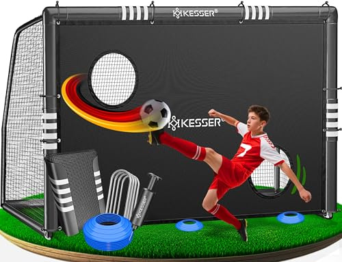 KESSER® Portería de fútbol de alta calidad de 240 cm con pared de portería, red resistente a los rayos UV, marco de acero con acolchado, gancho para tierra, bomba de aire, conchas, accesorios de