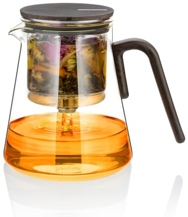 ZENS Magic Teekanne Glas mit Sieb, Teezubereiter für Losen Tee mit Magnet Sauger-Deckel,800ml Tea Maker for Tee Zubereitung, Teapot Griff aus Schwarznussholz, Teeliebhaber Geschenke