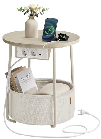 VASAGLE LILEA Collezione - Tavolino, Tavolino Rotondo con Cestino in Tessuto e Multipresa, Spazioso, per Soggiorno Camera da Letto, Comodino, Stile Moderno, Beige Naturale e Bianco Crema LET228LL01