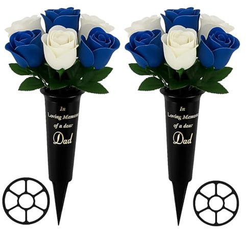 Set of 2 Grave Vases with Spike - Weather‑Resistant Black Memorial Flower Holders for Graveside, Cemetery Vases for Fresh or Artificial Flowers, Durable Plastic with Grid Inserts (Special DAD)