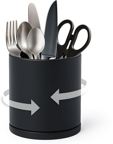 D'vine Dev 360° Rotating Utensil Holder – 5 Kitchen Utensil Crock for Countertop, Modern Cooking Tool Organizer for Kitchen Storage & Décor, Black, 72-X-B-1